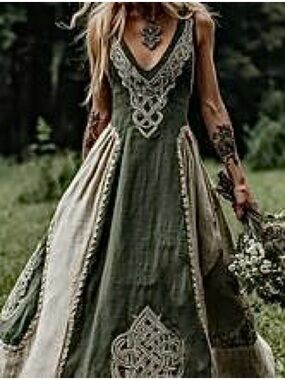 Bohemian Ethnic Printed V-Neck Maxi Dress in Olive and Cream. Size L. NWT.